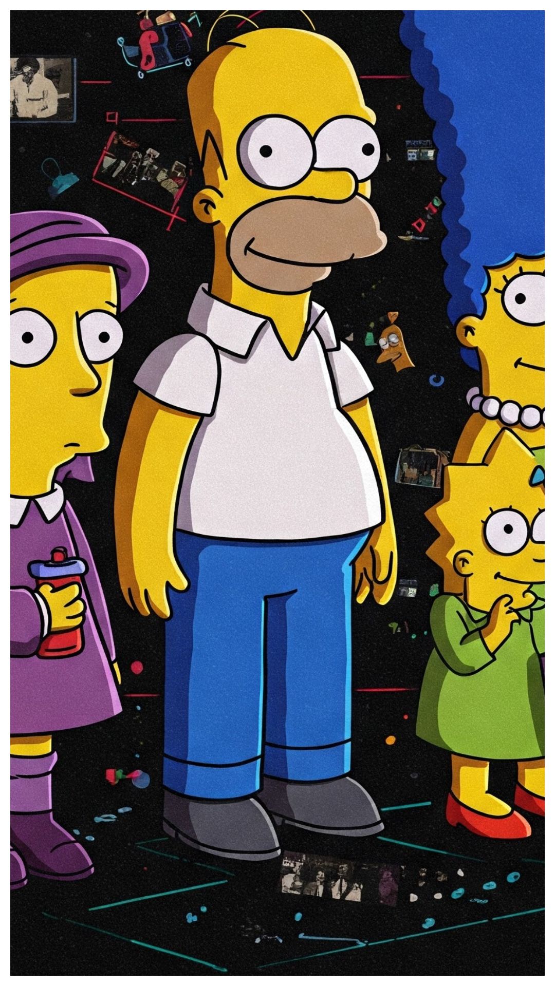 Alguns personagens de Os Simpsons em um plano escuro com vários detalhes de fundo