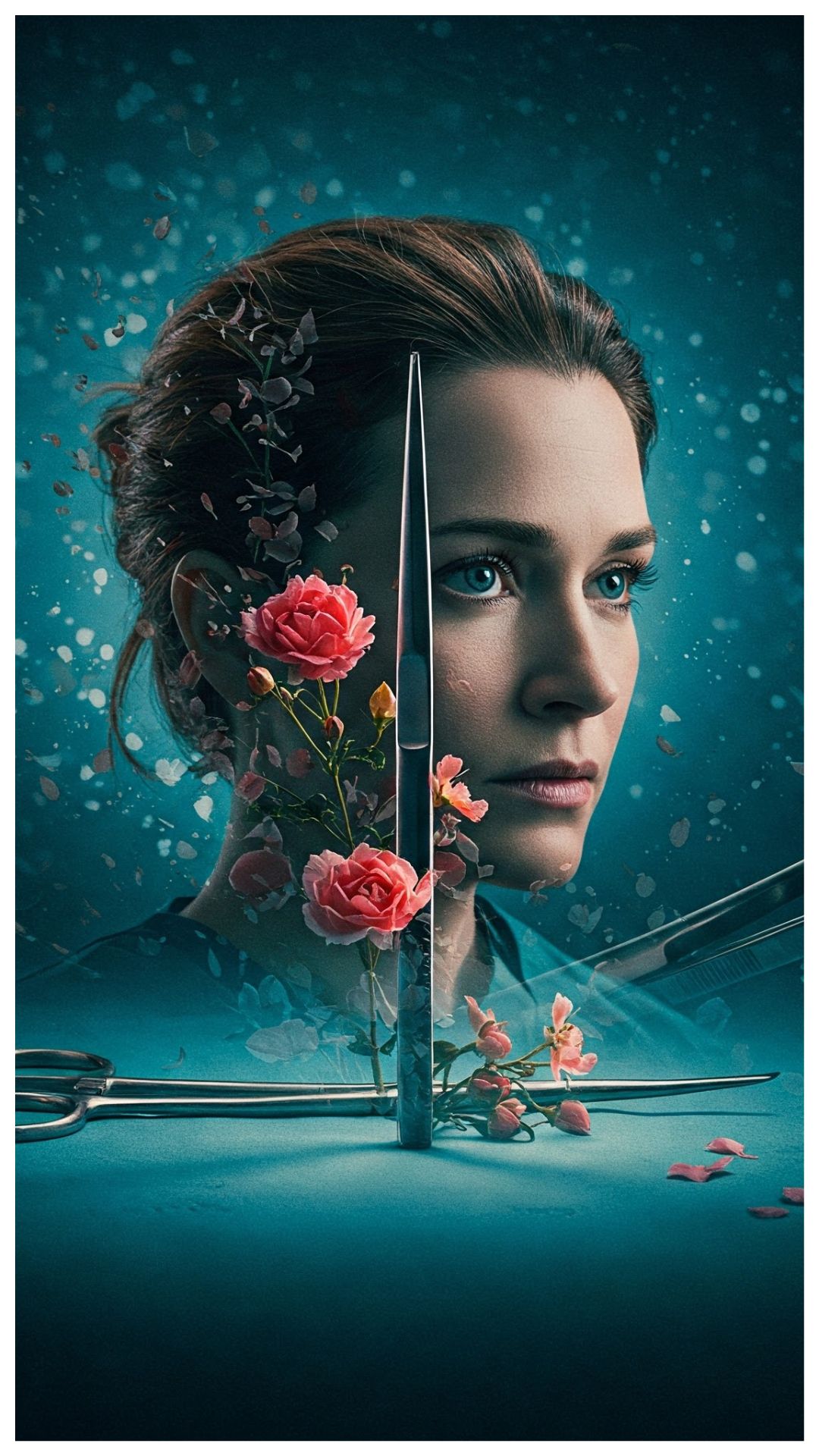 Rosto de uma mulher em um fundo artistico com corações, tem flores, uma tesoura e etc.