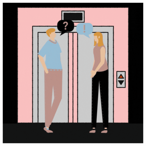 Um mem e uma mulher conversando antes de entra no elevador, e talvez dentro também